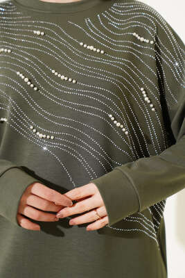 Loyşa Önü Taşlı İncili Tunik İkili Takım Haki - Thumbnail