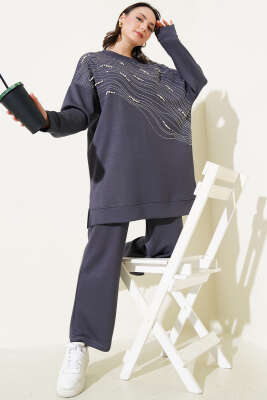 Pazarium - Loyşa Önü Taşlı İncili Tunik İkili Takım Füme