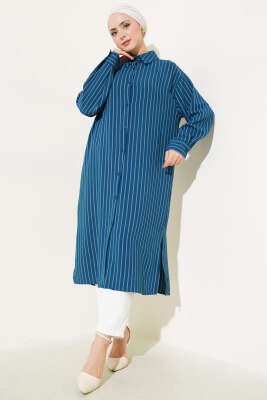 Pazarium - Yanı Yırtmaçlı Çizgili Uzun Gömlek Petrol