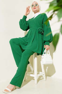 Pazarium - Gül Aksesuarlı Pileli Tunik İkili Takım Yeşil