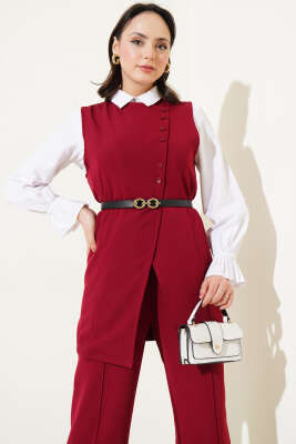 Uzun Yelekli Kemerli İkili Takım Bordo - Thumbnail