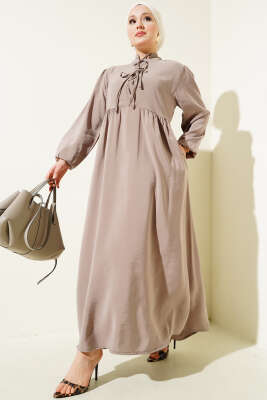 Yarım İp Bağcıklı Tensel Elbise Vizon - Thumbnail
