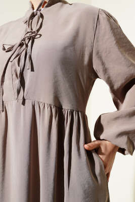 Yarım İp Bağcıklı Tensel Elbise Vizon - Thumbnail
