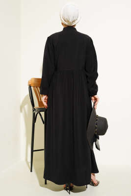 Yarım İp Bağcıklı Tensel Elbise Siyah - Thumbnail