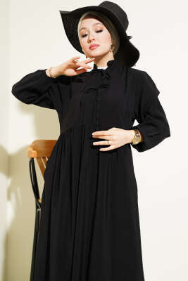 Yarım İp Bağcıklı Tensel Elbise Siyah - Thumbnail