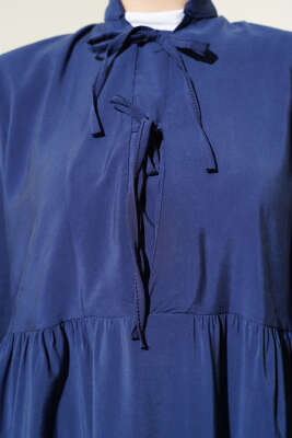 Yarım İp Bağcıklı Tensel Elbise Lacivert - Thumbnail