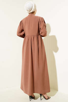 Yarım İp Bağcıklı Tensel Elbise Kestane - Thumbnail