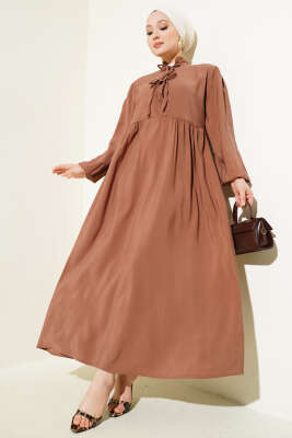 Yarım İp Bağcıklı Tensel Elbise Kestane - Thumbnail