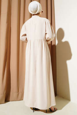 Yarım İp Bağcıklı Tensel Elbise Bej - Thumbnail