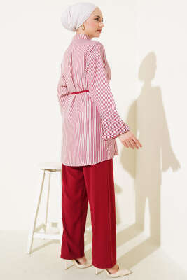 Çizgili Bilek Pileli İkili Takım Bordo - Thumbnail