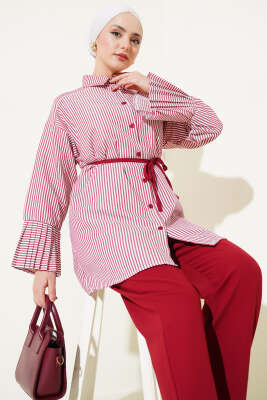 Çizgili Bilek Pileli İkili Takım Bordo - Thumbnail