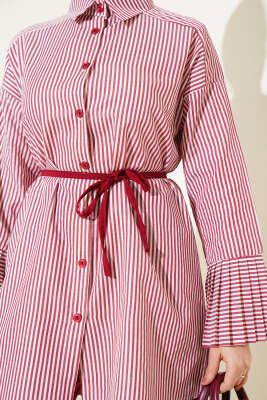 Çizgili Bilek Pileli İkili Takım Bordo - Thumbnail