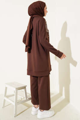 Loyşa Önü Taşlı İncili Tunik İkili Takım Kahve - Thumbnail