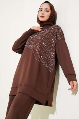 Loyşa Önü Taşlı İncili Tunik İkili Takım Kahve - Thumbnail