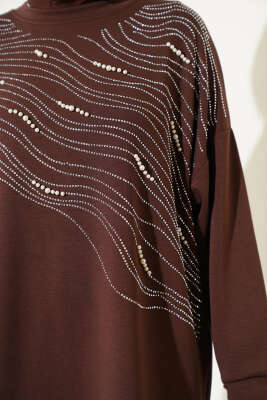 Loyşa Önü Taşlı İncili Tunik İkili Takım Kahve - Thumbnail