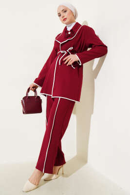 Pazarium - Çiçek Aksesuarlı Biyeli İkili Takım Bordo