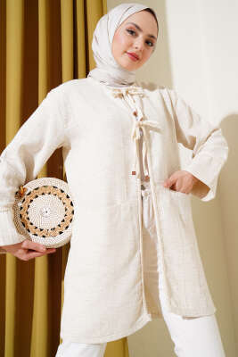 Pazarium - Örgü Biyeli Bağlamalı Keten Kimono Bej