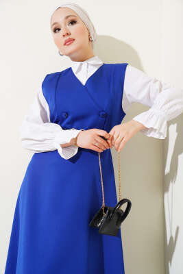 Düğmeli Kemerli Jile Elbise Saks - Thumbnail