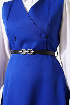 Düğmeli Kemerli Jile Elbise Saks - Thumbnail