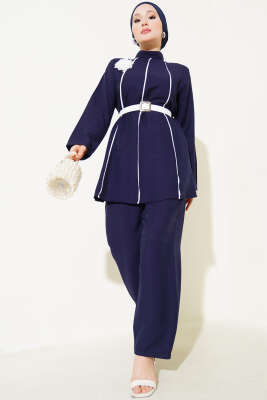 Pazarium - Kemerli Önü Biye Şeritli İkili Takım Lacivert