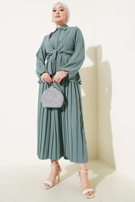 Pazarium - Bel Lastikli Bağlamalı Pilise Etekli Takım Mint