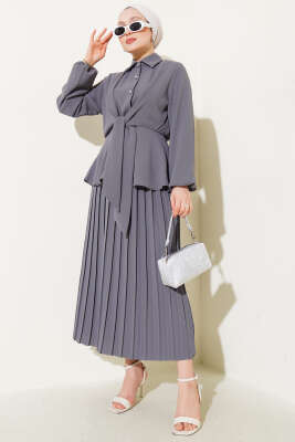 Pazarium - Bel Lastikli Bağlamalı Pilise Etekli Takım Gri