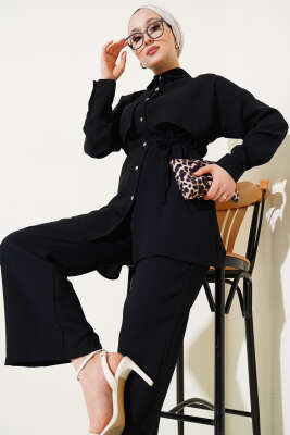 Pazarium - Pelerin Parçalı İp Kuşaklı İkili Takım Siyah