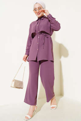 Pazarium - Pelerin Parçalı İp Kuşaklı İkili Takım Magenta