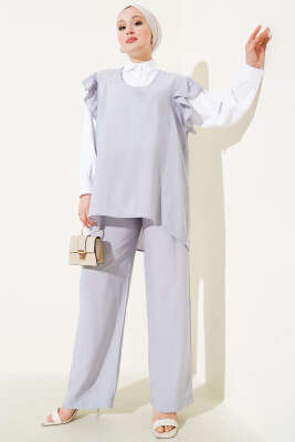 Pazarium - Omuz Fırfırlı Süveterli Üçlü Takım Gri