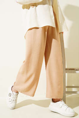 Pazarium - Beli Lastikli Geniş Paçalı Pantolon Camel