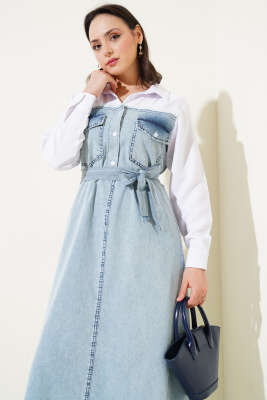 Gömlek Garnili Kuşaklı Kot Elbise Mavi - Thumbnail