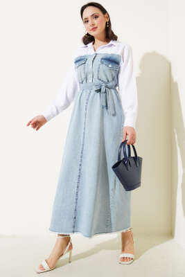 Gömlek Garnili Kuşaklı Kot Elbise Mavi - Thumbnail