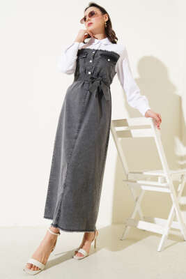 Gömlek Garnili Kuşaklı Kot Elbise Gri - Thumbnail