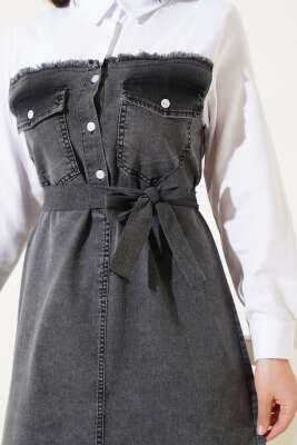 Gömlek Garnili Kuşaklı Kot Elbise Gri - Thumbnail