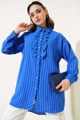 Pazarium - Fırfır Detaylı Taş Düğmeli Çizgili Gömlek Saks