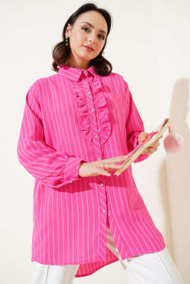 Pazarium - Fırfır Detaylı Taş Düğmeli Çizgili Gömlek Fuşya