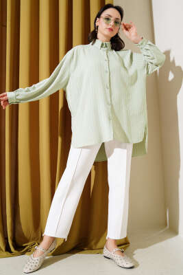 Linda Çizgili Oversize Gömlek Su Yeşili - Thumbnail