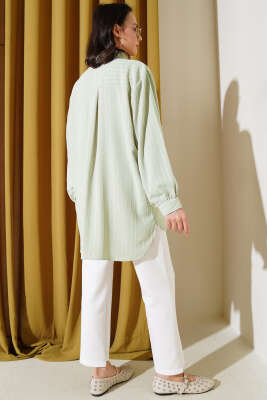 Linda Çizgili Oversize Gömlek Su Yeşili - Thumbnail