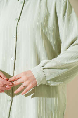 Linda Çizgili Oversize Gömlek Su Yeşili - Thumbnail