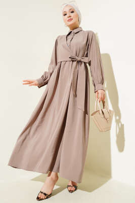 Bağlamalı Yarım Taş Düğmeli Elbise Vizon - Thumbnail