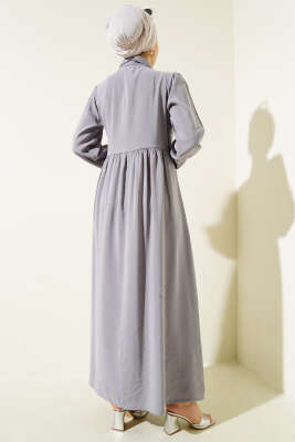 Bağlamalı Yarım Taş Düğmeli Elbise Gri - Thumbnail