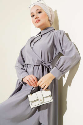 Bağlamalı Yarım Taş Düğmeli Elbise Gri - Thumbnail