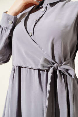 Bağlamalı Yarım Taş Düğmeli Elbise Gri - Thumbnail