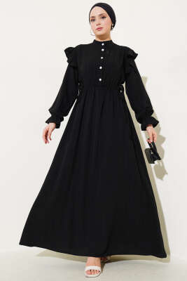 Omuz Fırfırlı Yan İp Bağcıklı Elbise Siyah - Thumbnail