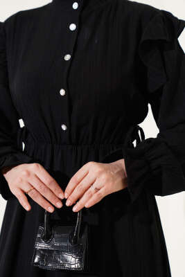 Omuz Fırfırlı Yan İp Bağcıklı Elbise Siyah - Thumbnail