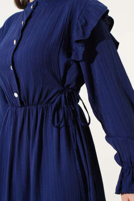 Omuz Fırfırlı Yan İp Bağcıklı Elbise Lacivert - Thumbnail