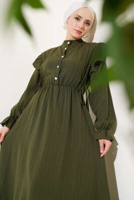 Omuz Fırfırlı Yan İp Bağcıklı Elbise Haki - Thumbnail