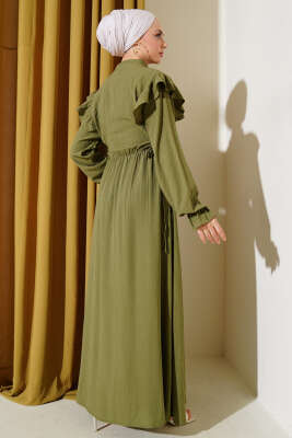 Omuz Fırfırlı Yan İp Bağcıklı Elbise Çağla Yeşili - Thumbnail