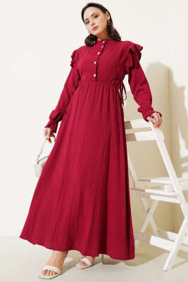 Omuz Fırfırlı Yan İp Bağcıklı Elbise Bordo - Thumbnail