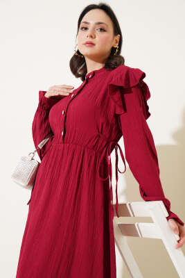 Omuz Fırfırlı Yan İp Bağcıklı Elbise Bordo - Thumbnail